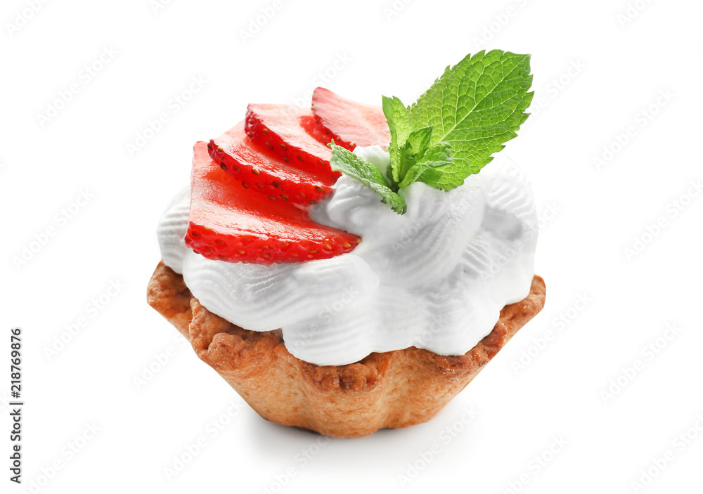 Tasty tartlet with whipped cream and strawberries on white background