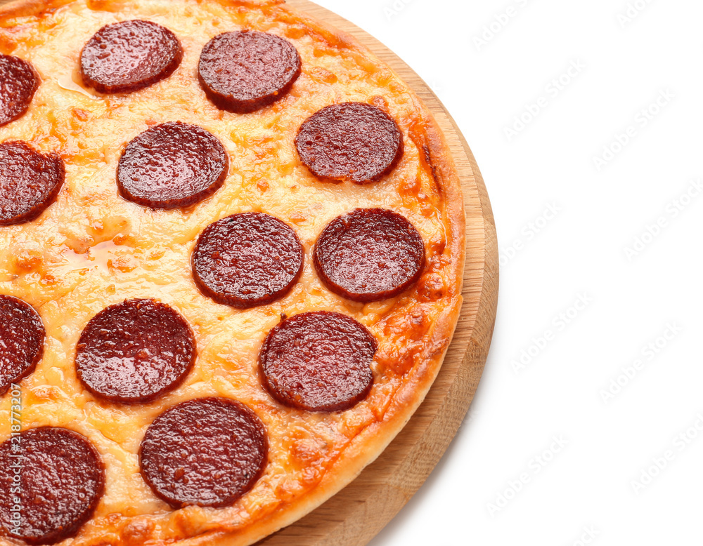 Tasty Pepperoni pizza on white background, closeup