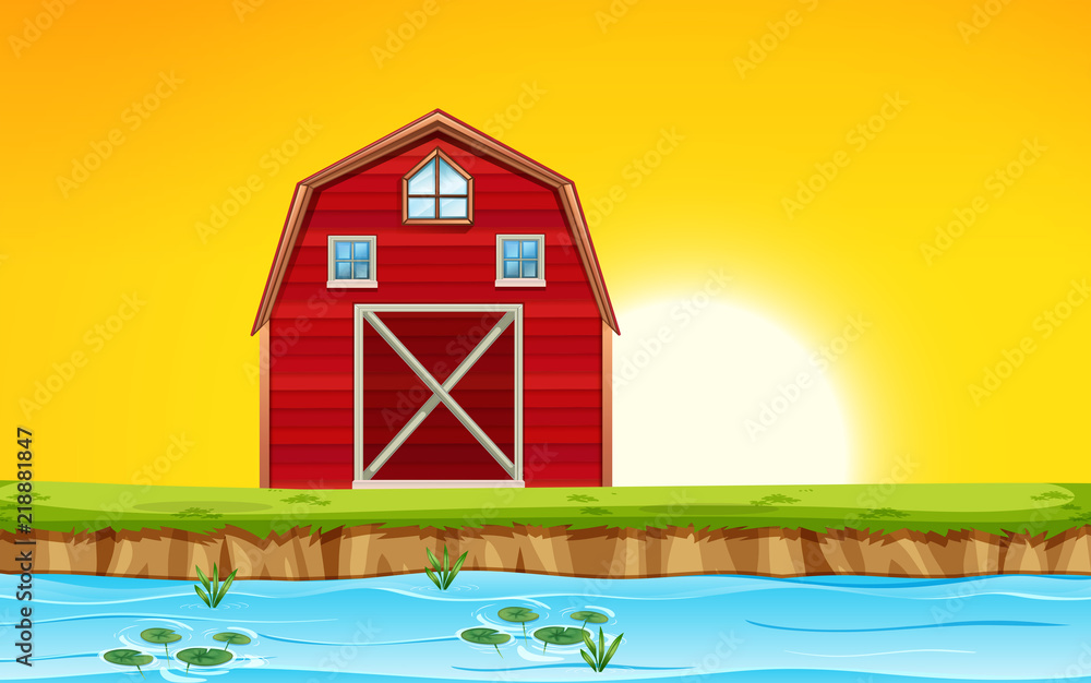 Red barn scene sunset