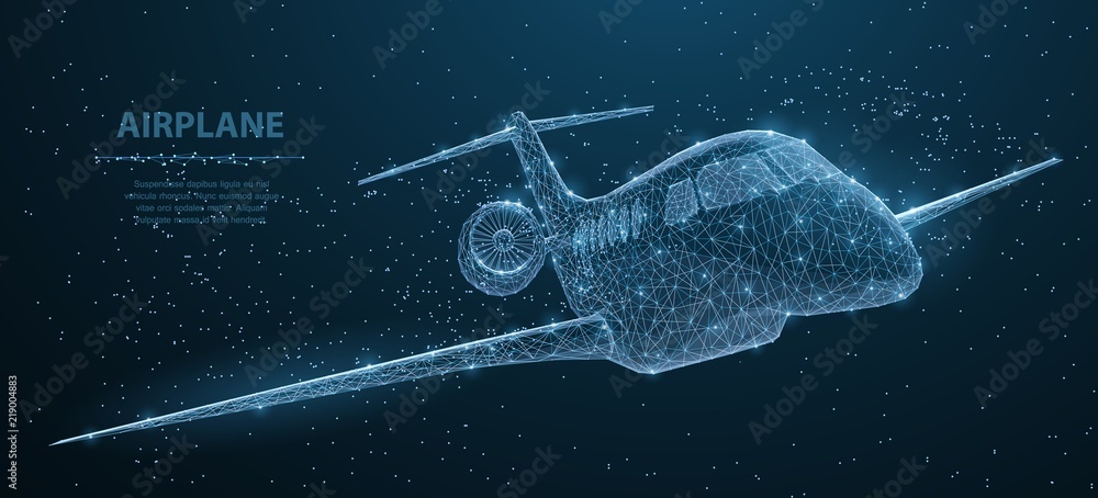 Airplane. Abstract 3d polygonal wireframe airplane on blue night sky with dots and stars.