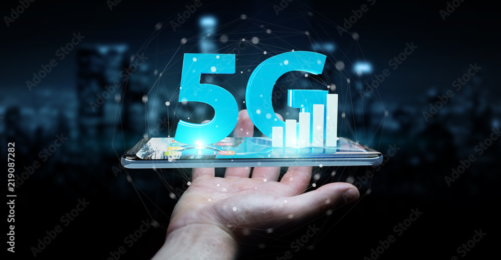 Businessman using 5G network with mobile phone 3D rendering