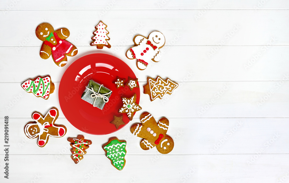 Сreative Concept of Christmas for all peoples of world. Christmas composition cookie and gingerbread