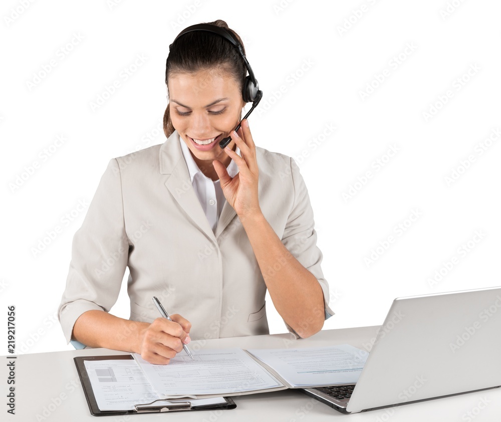 Woman Call Center operator isolated on white