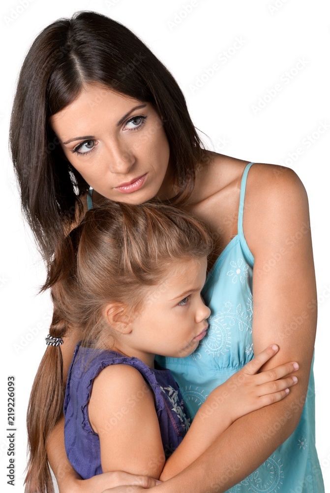 Portrait of Worried / Scared Mother and Young Daughter