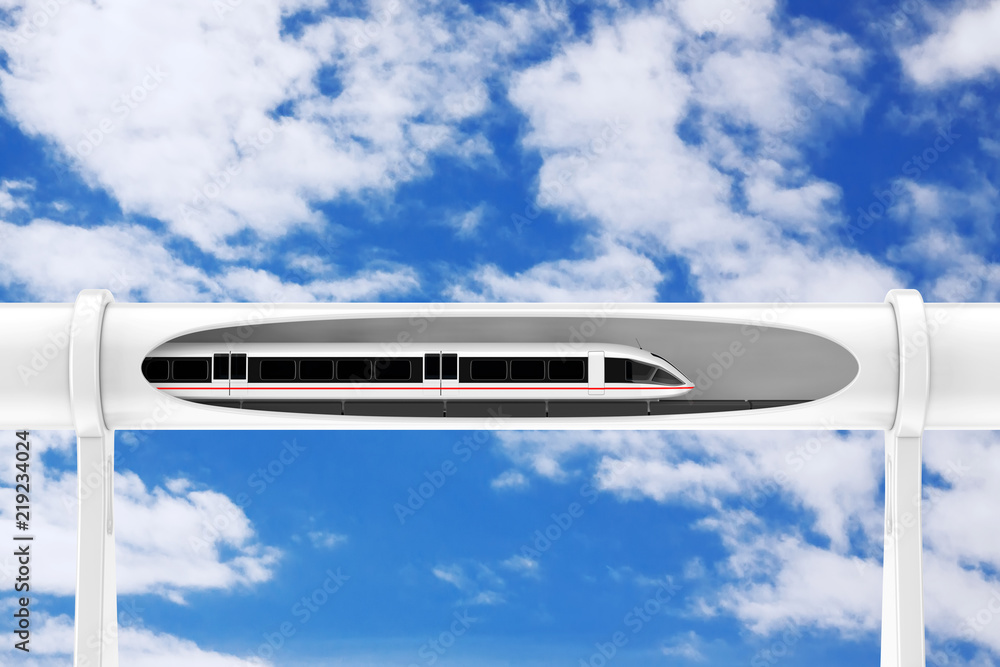 在真空隧道中移动的超高速未来磁悬浮列车。3d渲染