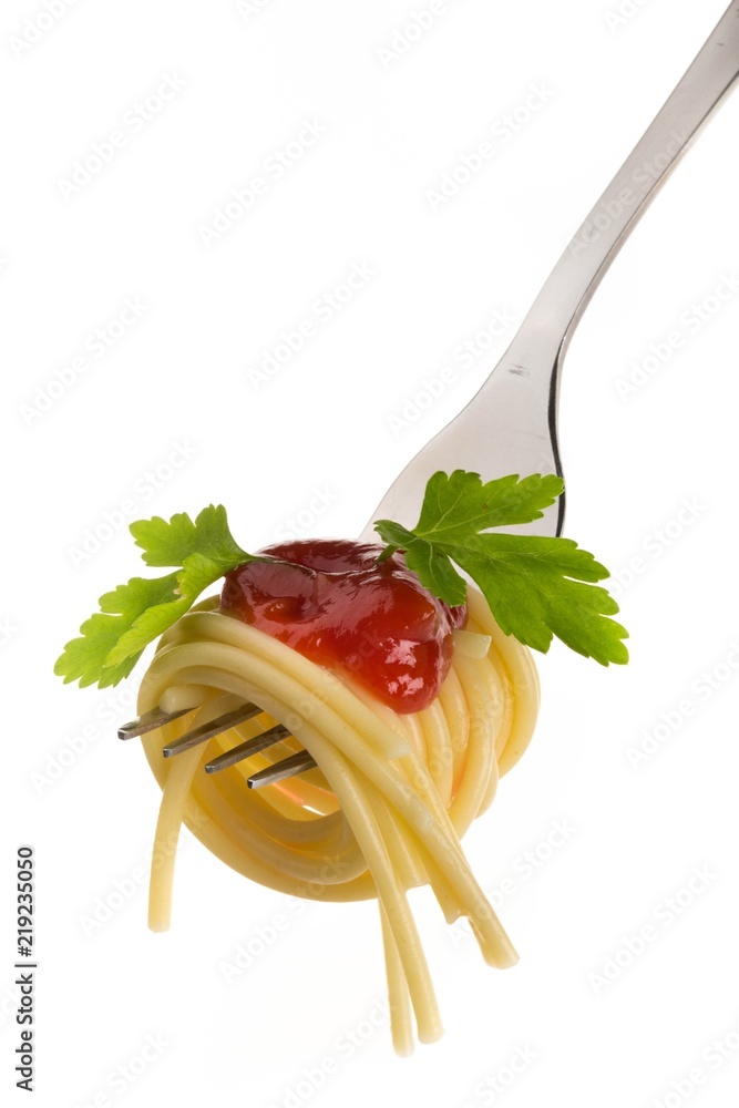 Spaghetti on a Fork with Tomato Sauce and Parsley