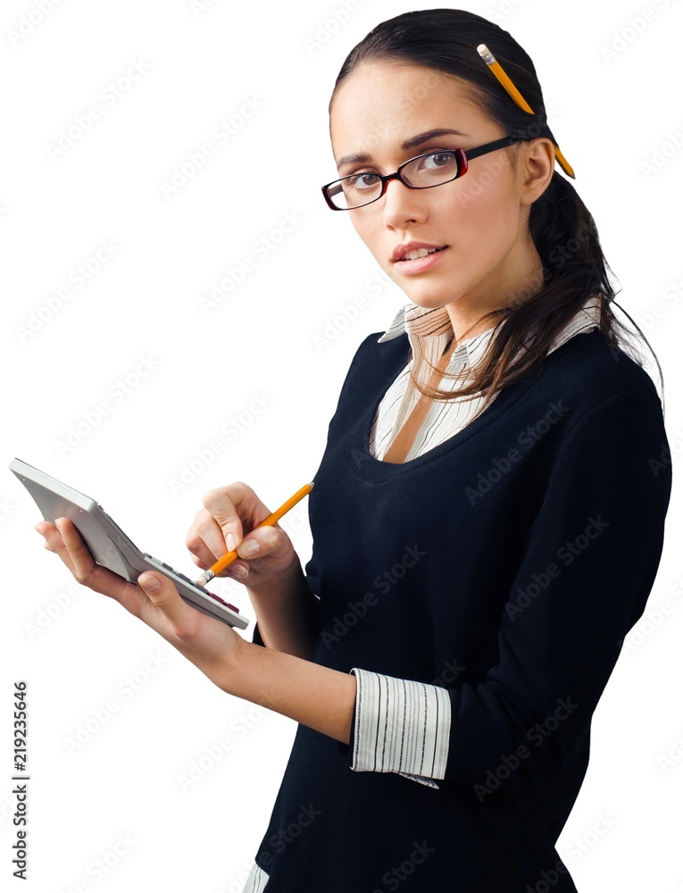 Portrait of young cute business woman at work isolated on white