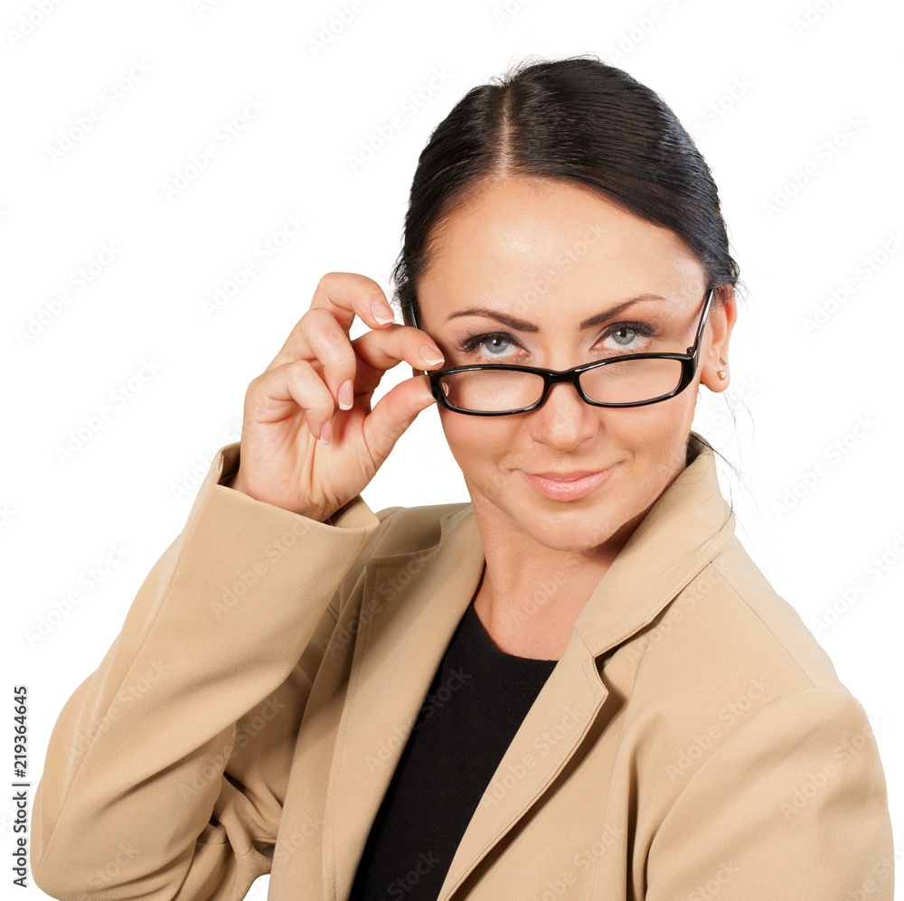 Friendly Businesswoman Holding Glasses and Smiling - Isolated