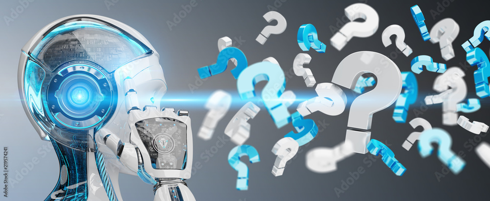 White robot using digital question marks 3D rendering