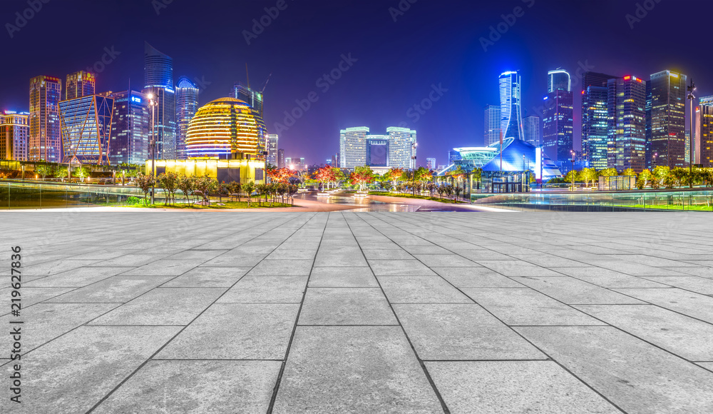 Square floor tiles and Hangzhou skyline