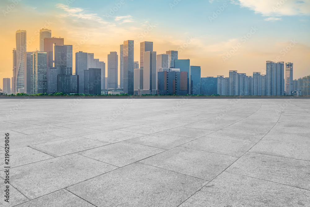 Square floor tiles and Hangzhou skyline