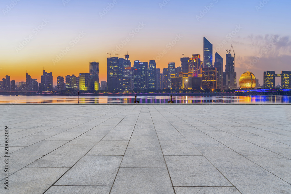 Square floor tiles and Hangzhou skyline