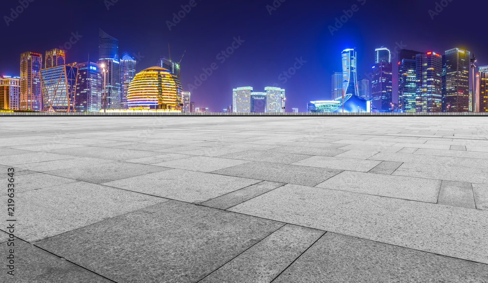 Square floor tiles and Hangzhou skyline