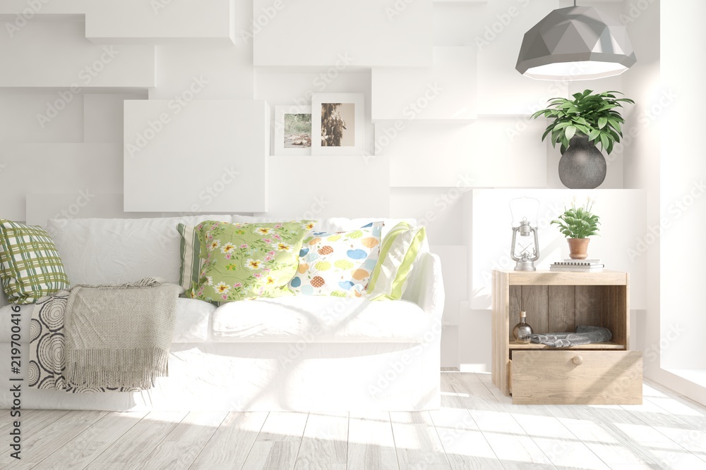 Idea of white minimalist room with sofa. Scandinavian interior design. 3D illustration