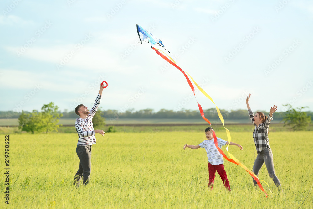 Happy family flying kite in the field