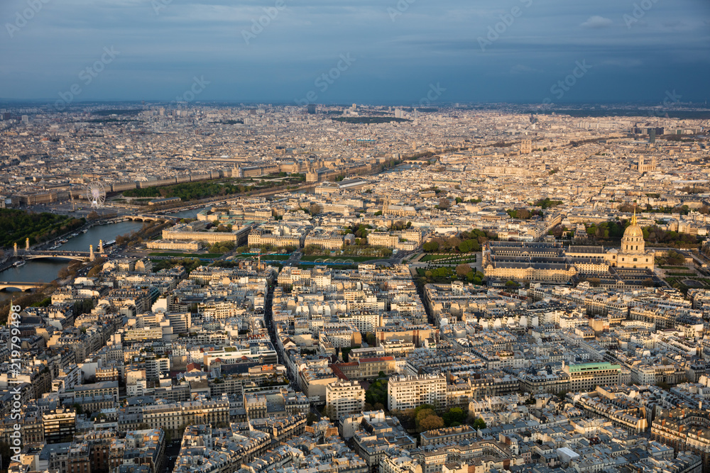 Center of paris from top roofs and streets panorama city