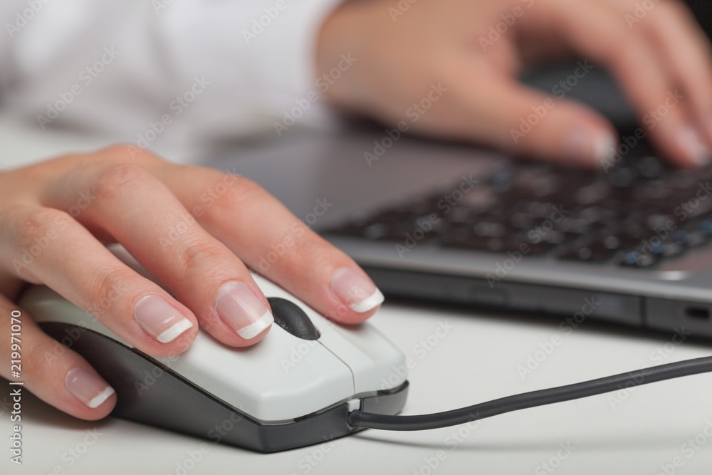 Closeup of Womans Hands Using a Mouse while Typing