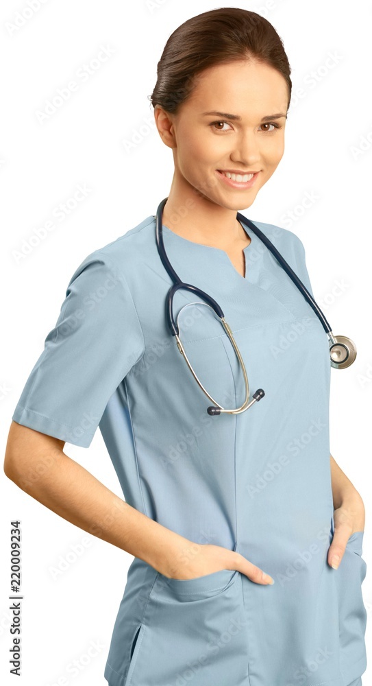 Female healthcare professional in scrubs