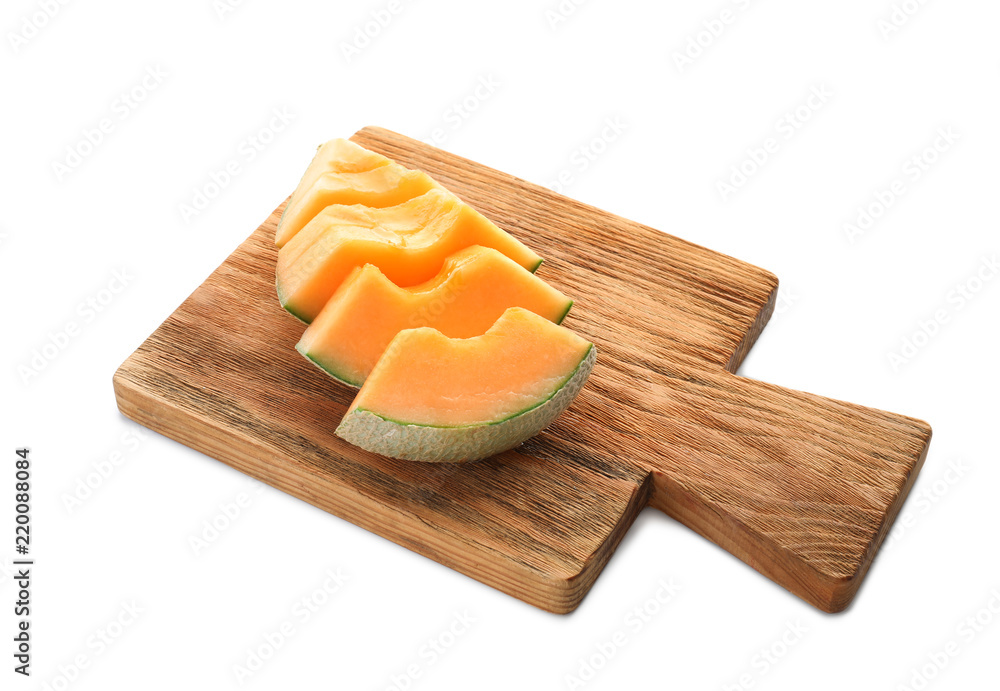 Board with tasty cut melon on white background