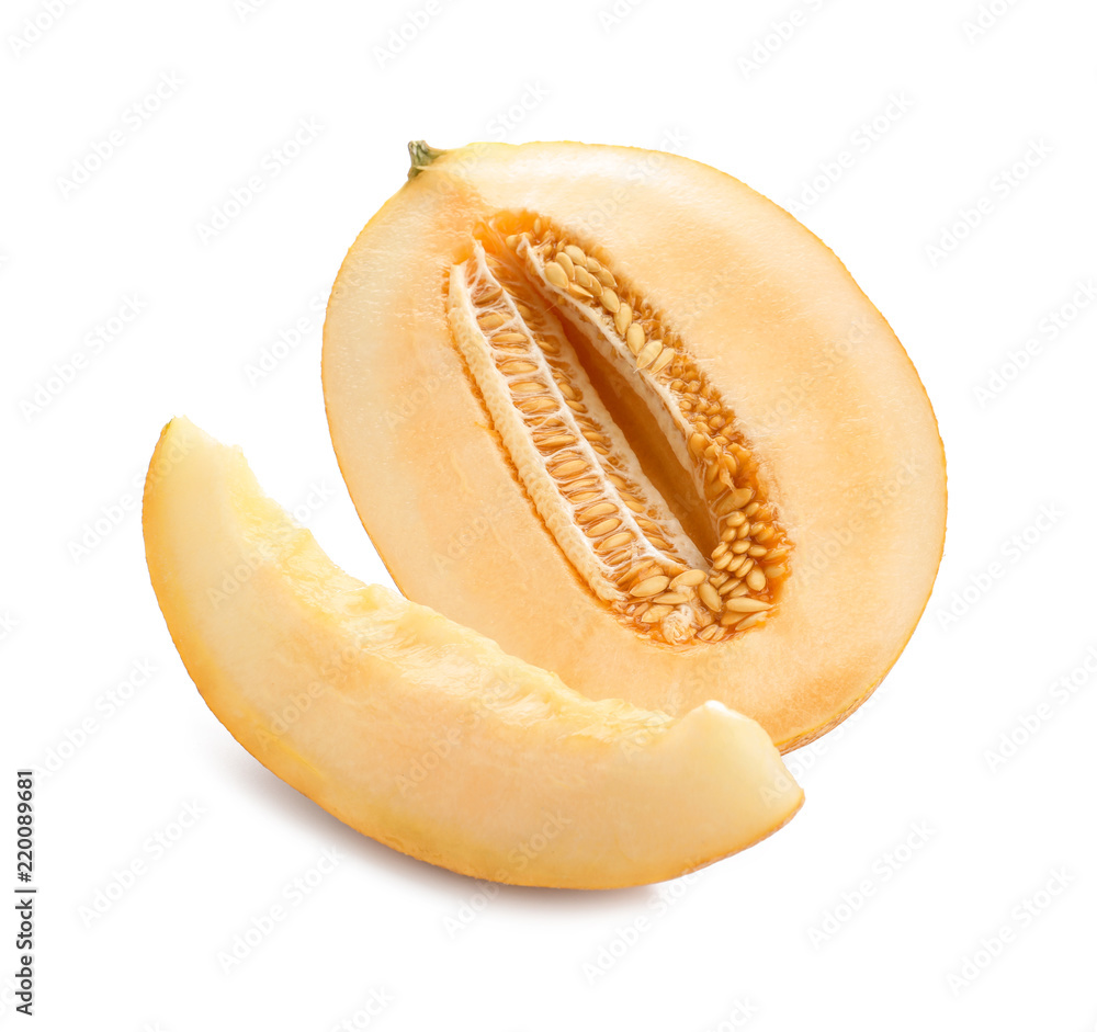 Sliced ripe melon on white background