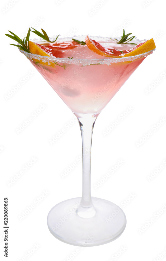 Fresh grapefruit cocktail with rosemary in glass on white background