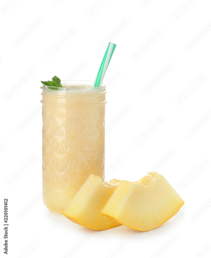 Glass of delicious melon smoothie on white background