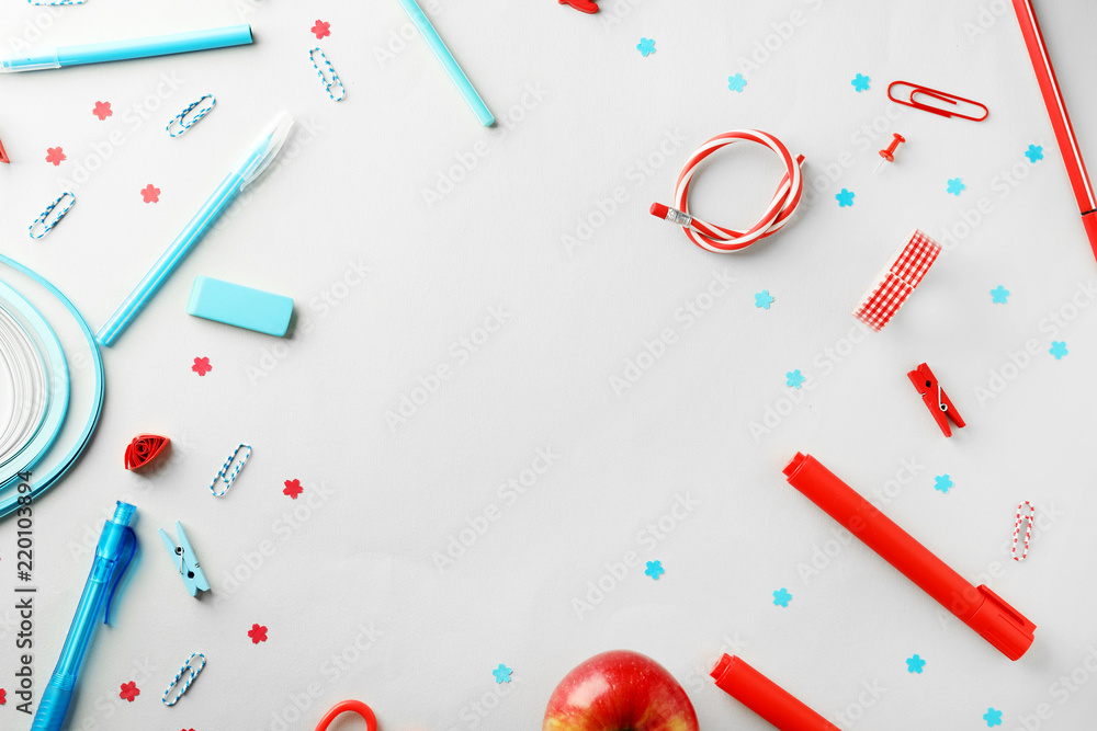 Set of school stationery on light background