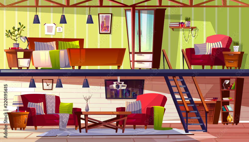 Loft lounge or two storey room interior vector illustration of bedroom and cabinet. Modern cozy spac