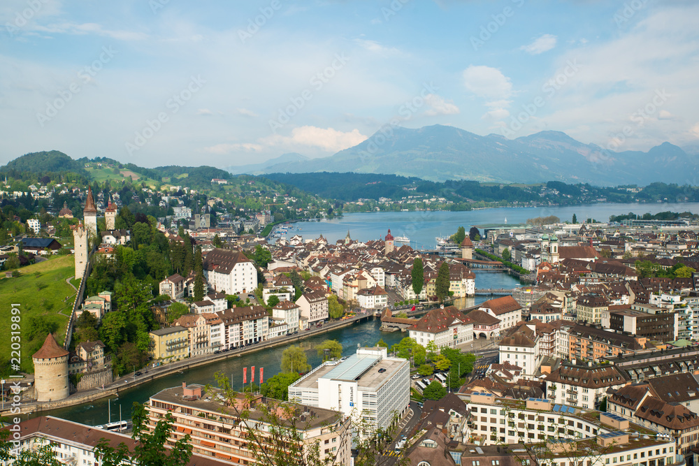 Aerial view of the old town, Lucerne city with lake Lucerne and Rigi mountain in background, Switzer