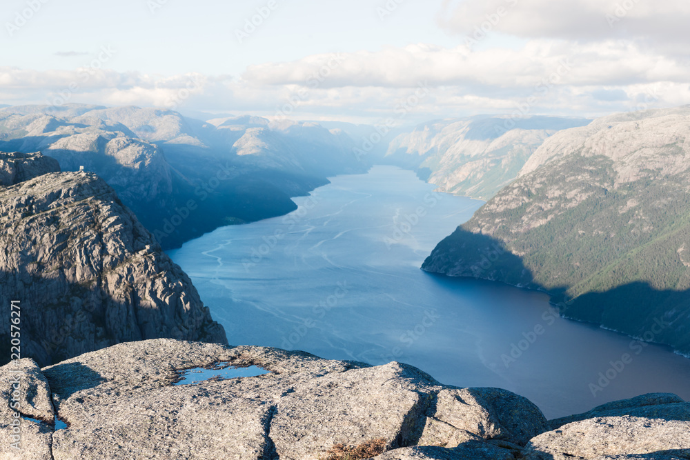 Misty morning on Preikestolen (pulpit-rock) - famous tourist attraction in the municipality of Forsa