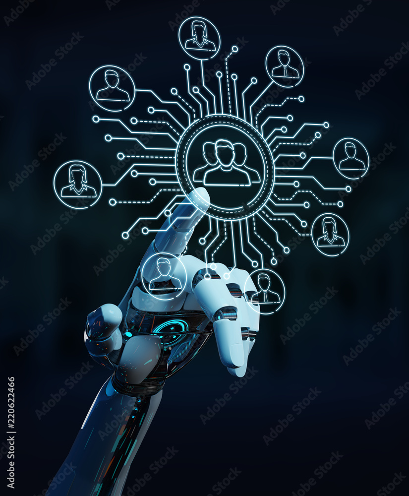 White robot controlling social network icons interface