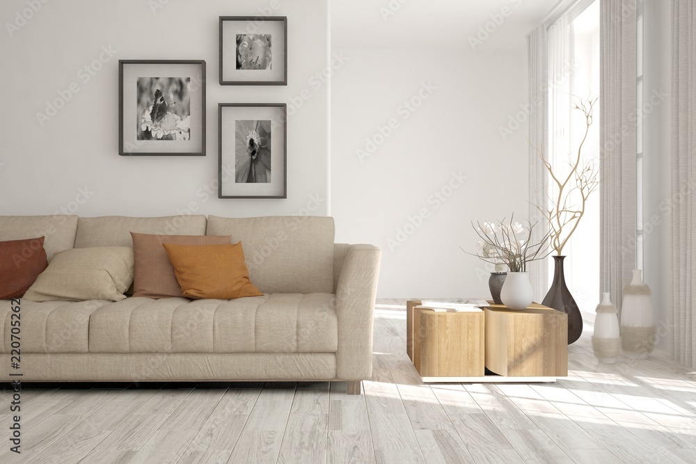 Idea of white minimalist room with sofa. Scandinavian interior design. 3D illustration