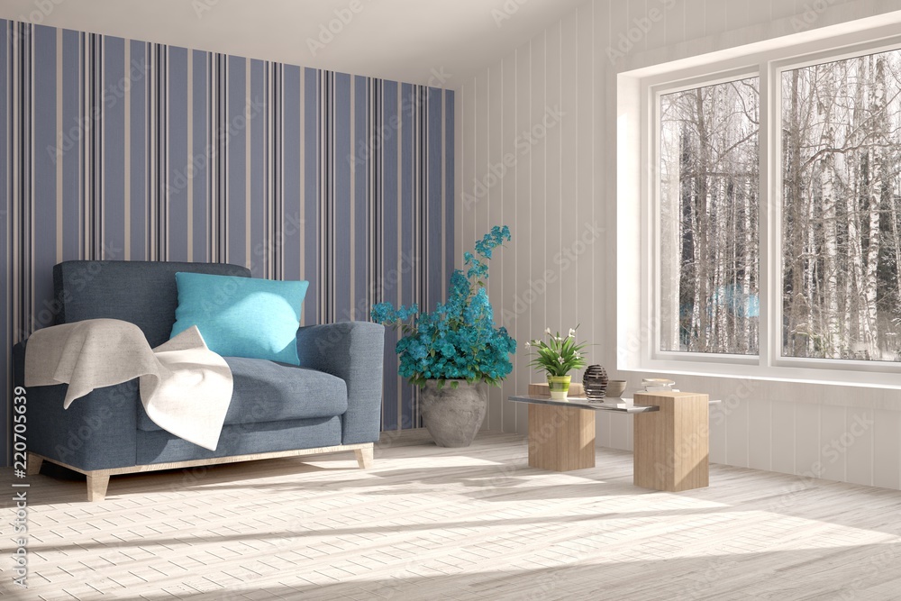 Inspiration of white minimalist room with armchair. Scandinavian interior design. 3D illustration