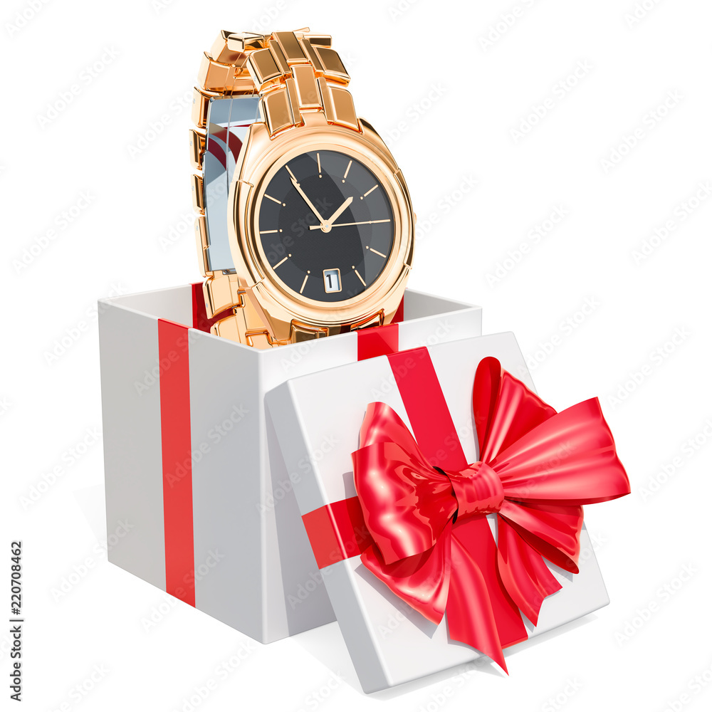 Gift concept, golden mens wrist watch inside gift box. 3D rendering