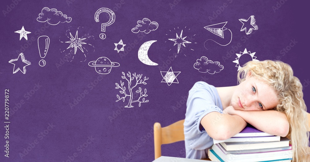 Tired dreaming girl and Education drawing on blackboard for