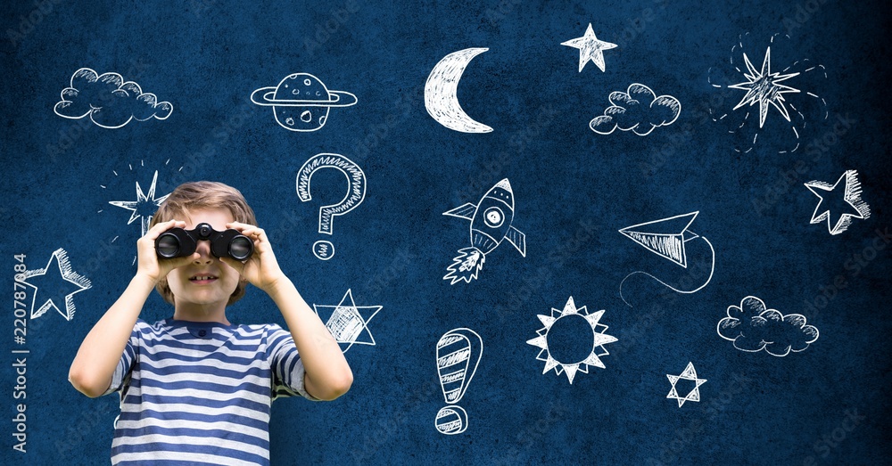 School boy using binoculars and Magical Space universe Education