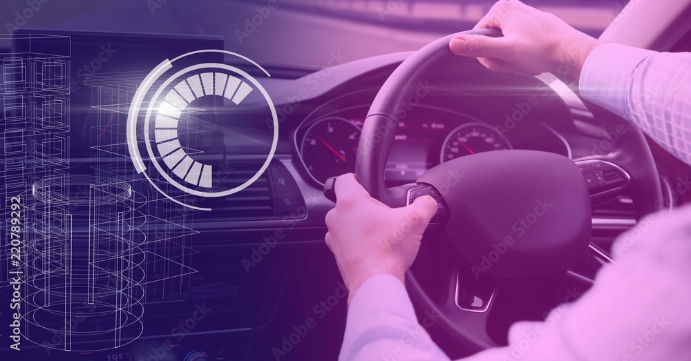 Man driving in car with heads up display interface