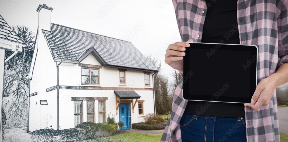 Composite image of female architect showing digital tablet