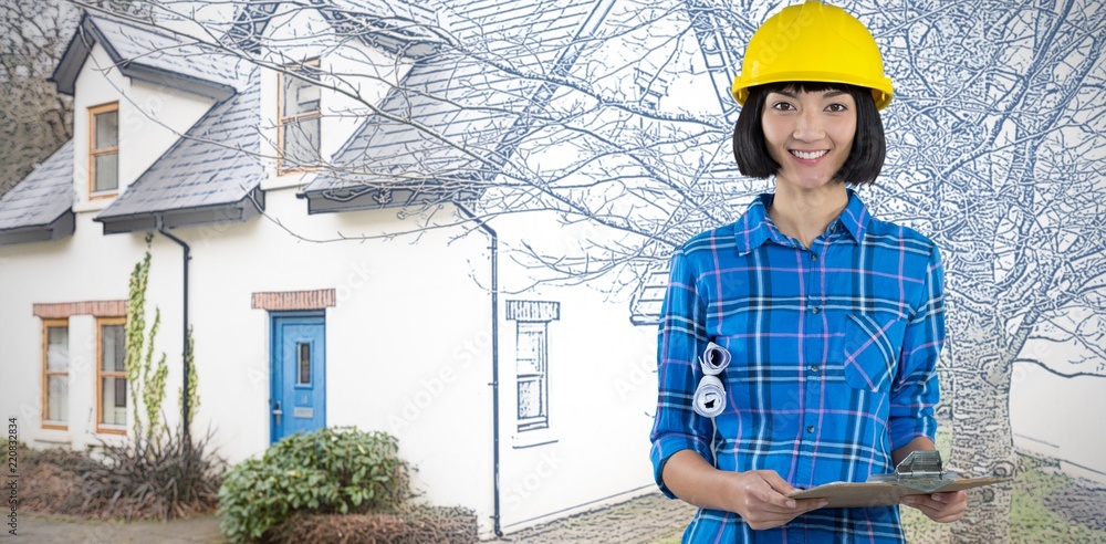 Composite image of female architect holding clipboard and