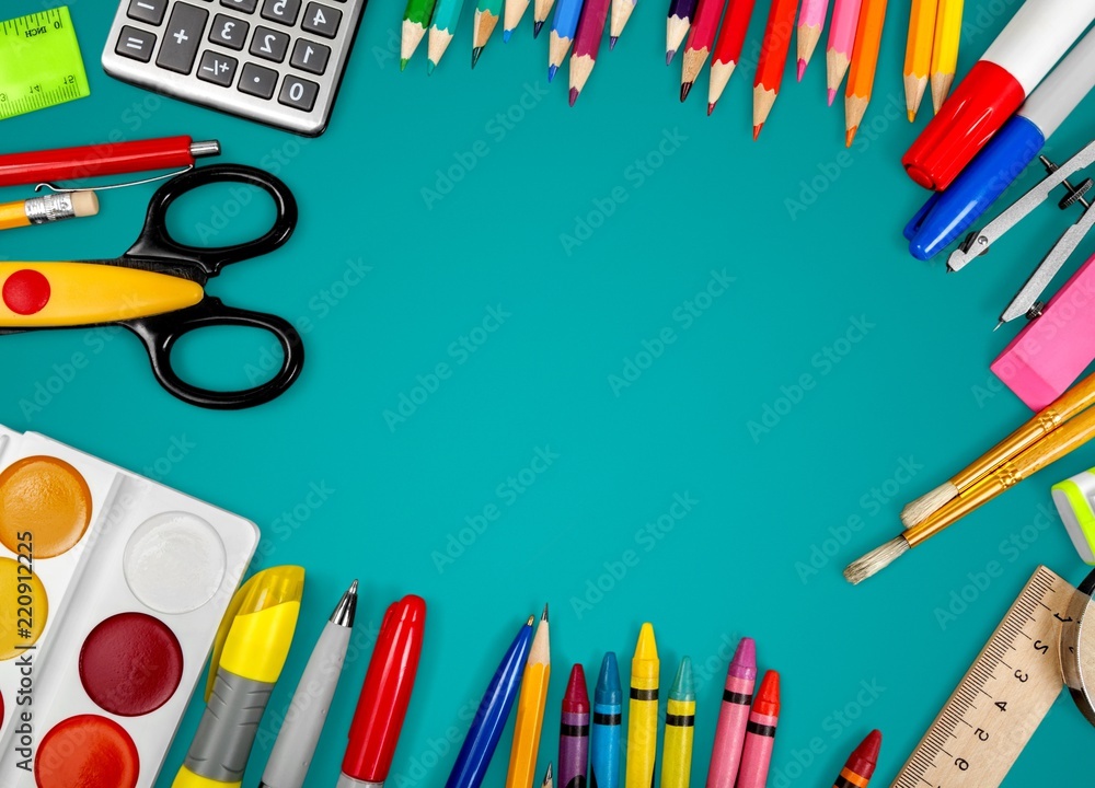 Assortment of school supplies on desk background, Calculator