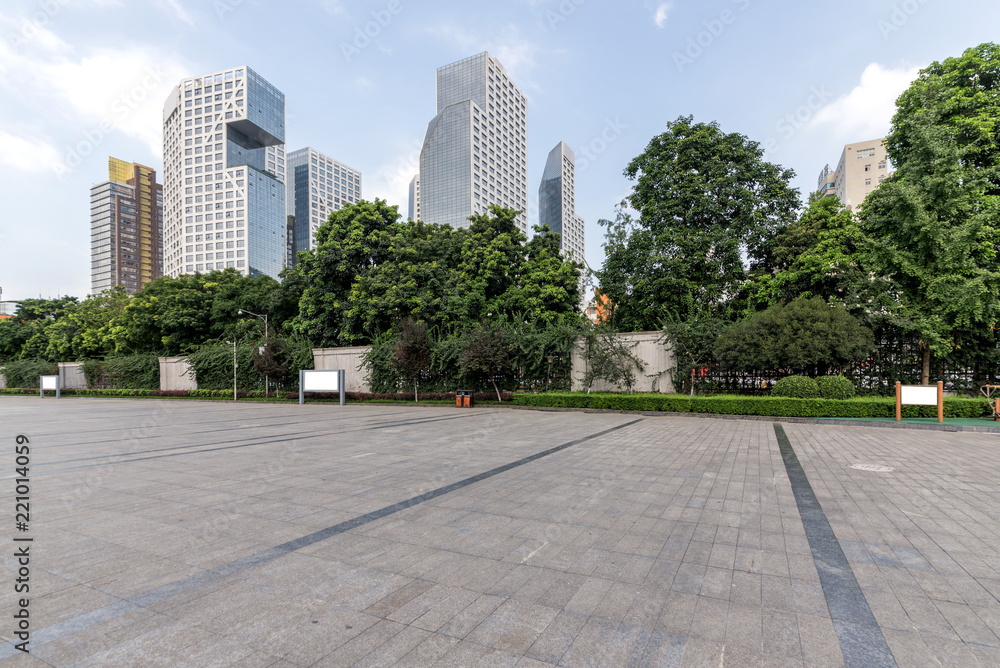 Raffles City锛孭anoramic skyline and buildings with empty concrete square floor in chengdu,china