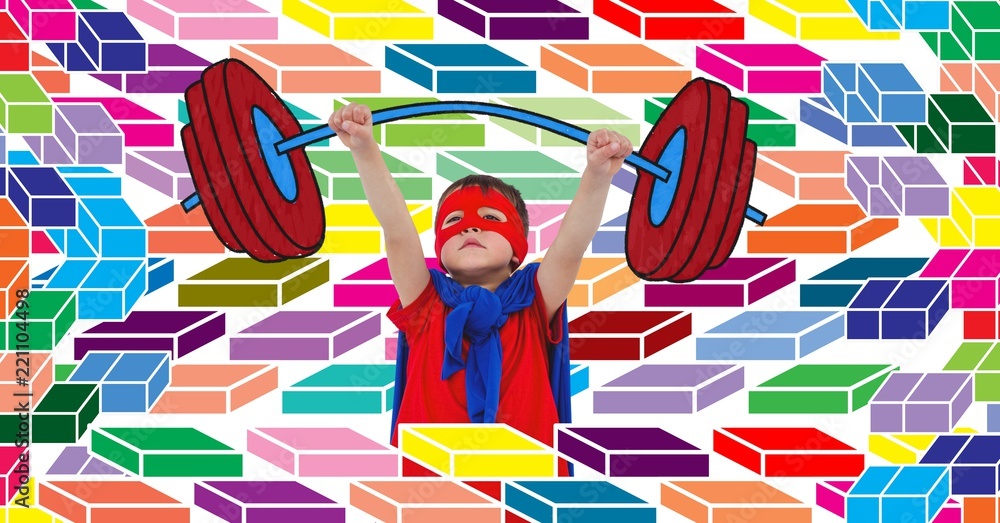 Superhero boy lifting weights with colorful geometric pattern