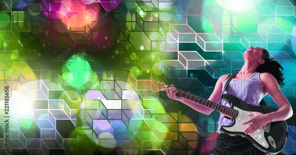 Musician woman playing guitar with geometric party lights venue