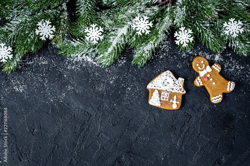 Christmas decorations, spruce branches on dark background top vi