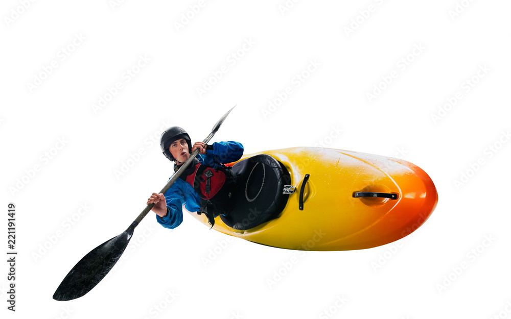 Whitewater kayaking isolated on white