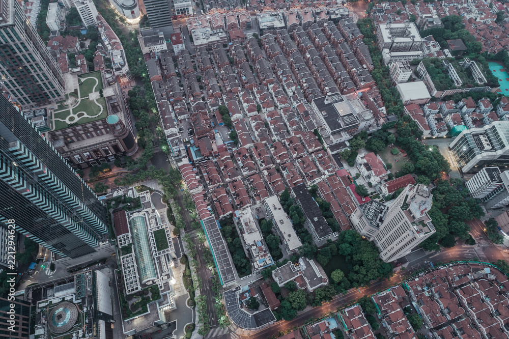 Aerial View of business area and cityscape in dawn, West Nanjing road, Jing`an district, Shanghai