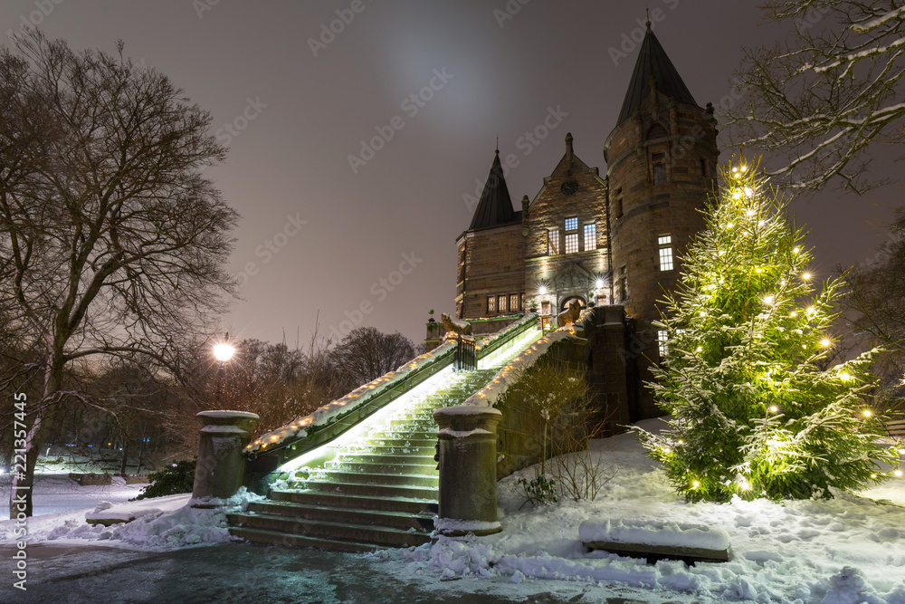 瑞典Vaxjo雪夜的Teleborg城堡