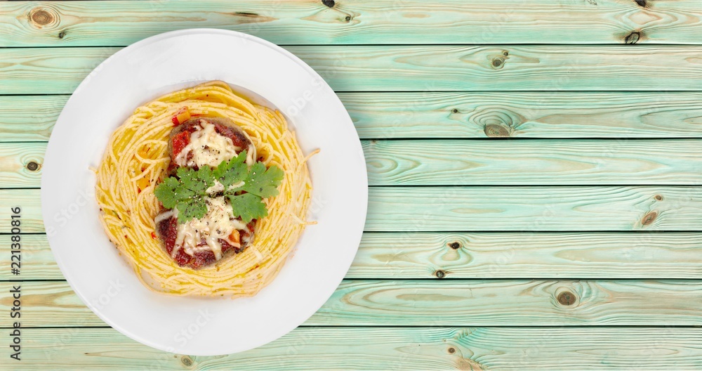 Delicious pasta on white plate on  background