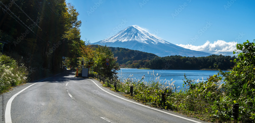 Mt Fuji in Japan and road at Lake Kawaguchiko