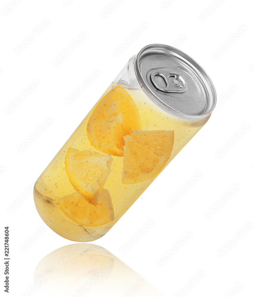 Lemon or orange juice in a plastic bottle, conceptual image isolated on white background